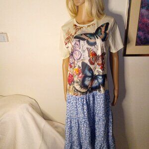 Dress Butterflies Blue Calico Tiered Skirt L - XL White Tee Upcycled New